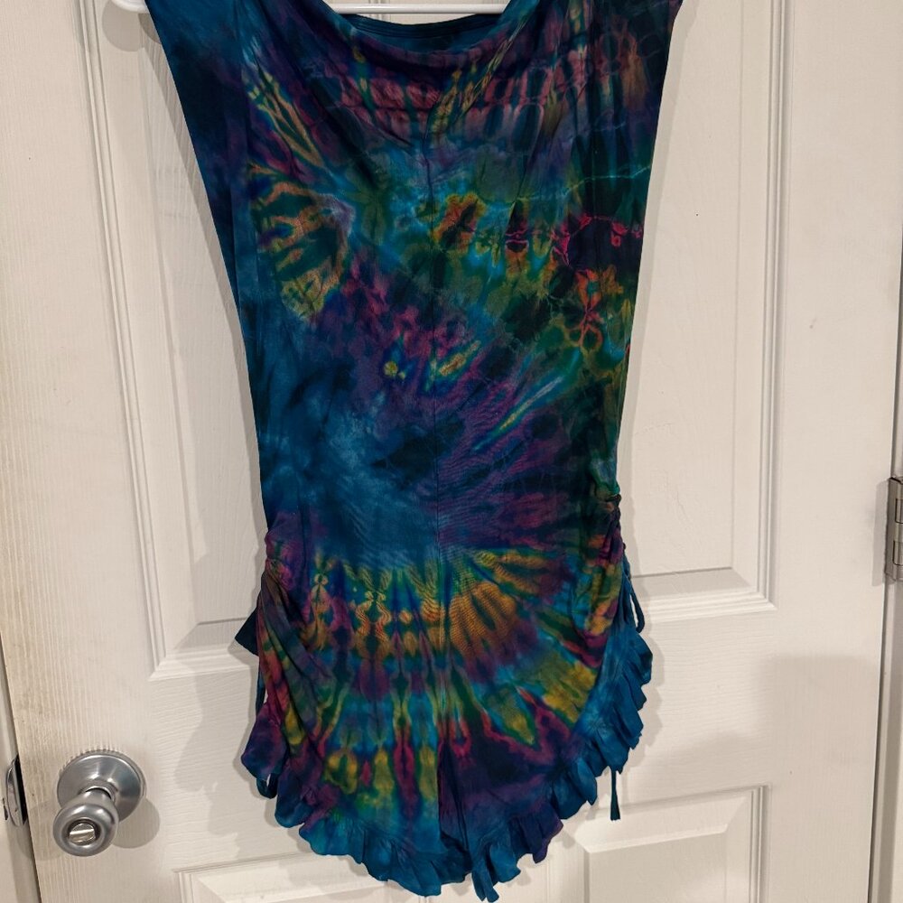 Blue/Rainbow Tie Dye Hooded Cowl Neck Sleeveless Halter Romper